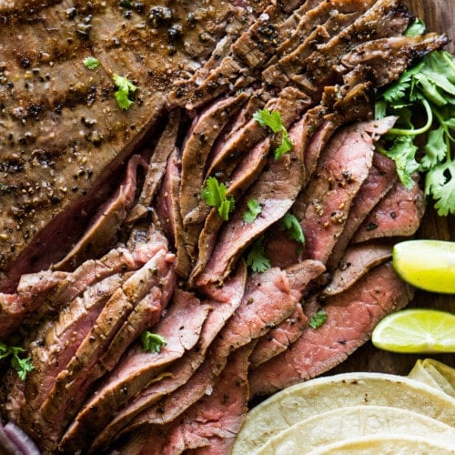 Grilled and thinly sliced carne asada ready to be served.