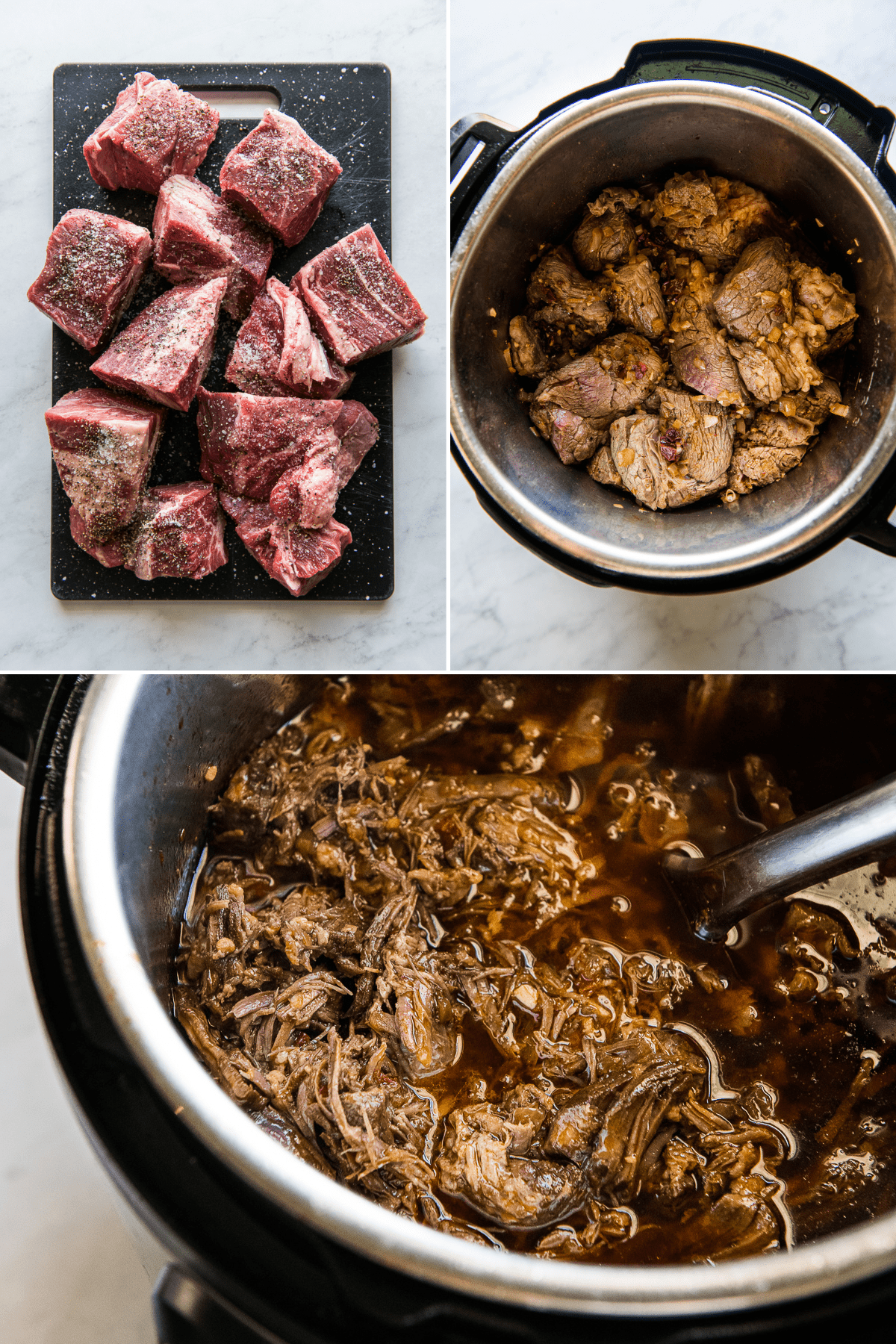 Chunks of beef chuck roast in an Instant Pot for Mexican barbacoa recipe
