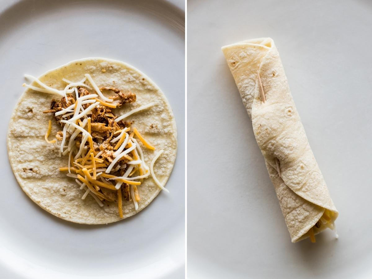 A warm corn tortilla topped with shredded chicken and shredded cheese.
