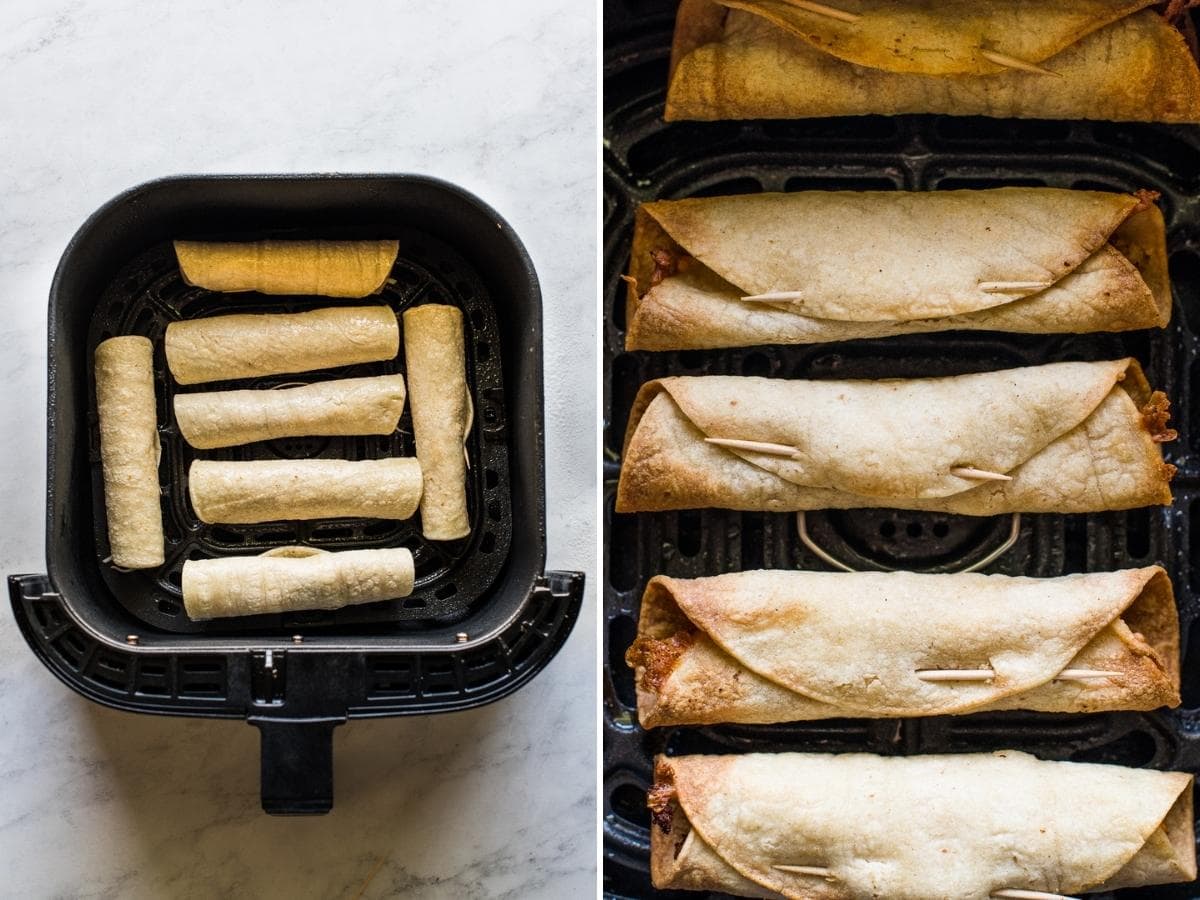 Stuffed and rolled taquitos in an air fryer basket sprayed with cooking spray.