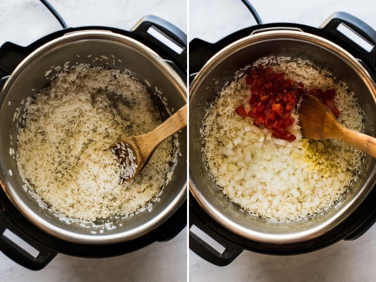 Long grain white rice being toasted in the Instant Pot