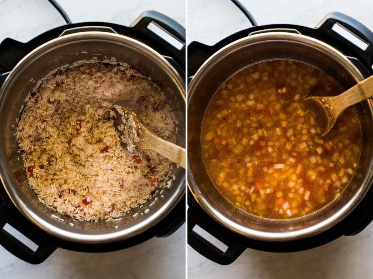 Tomato paste being stirred into the Instant Pot for Mexican rice