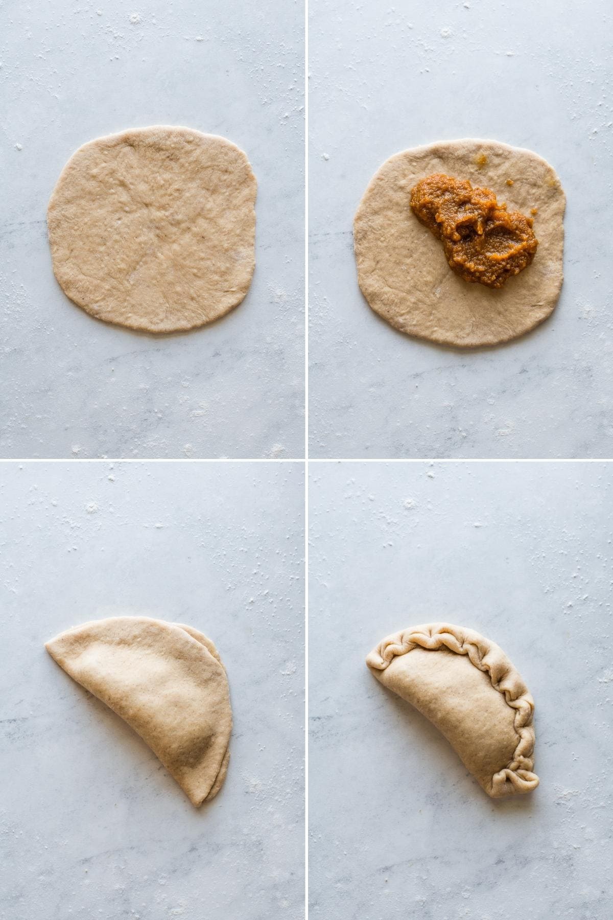 Step by step photos showing how to close and seal empanadas.