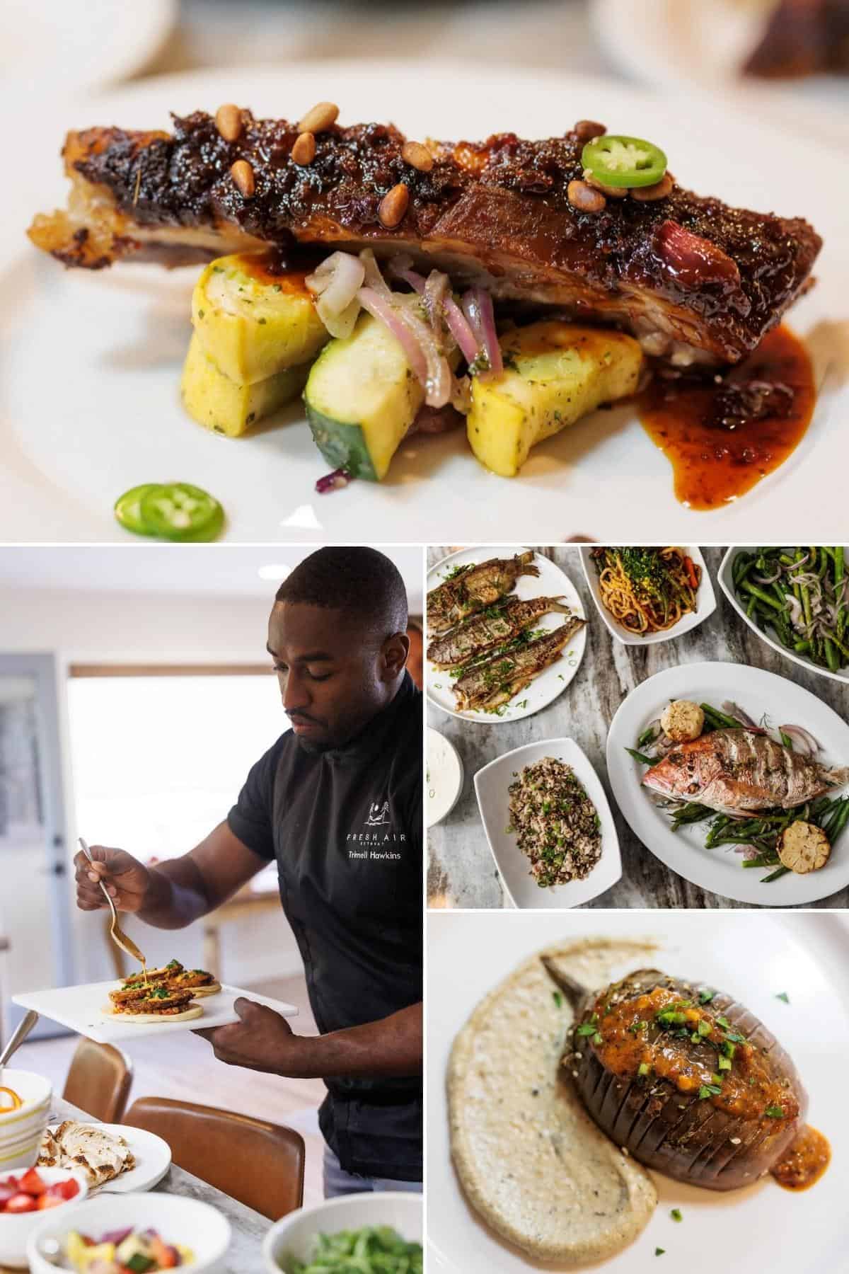 Photos of various dishes made by Chef Trimell Hawkins at Fresh Air Retreat in Park City, Utah.