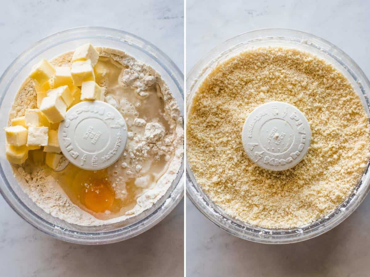 Butter, egg, water, and flour in a food processor.