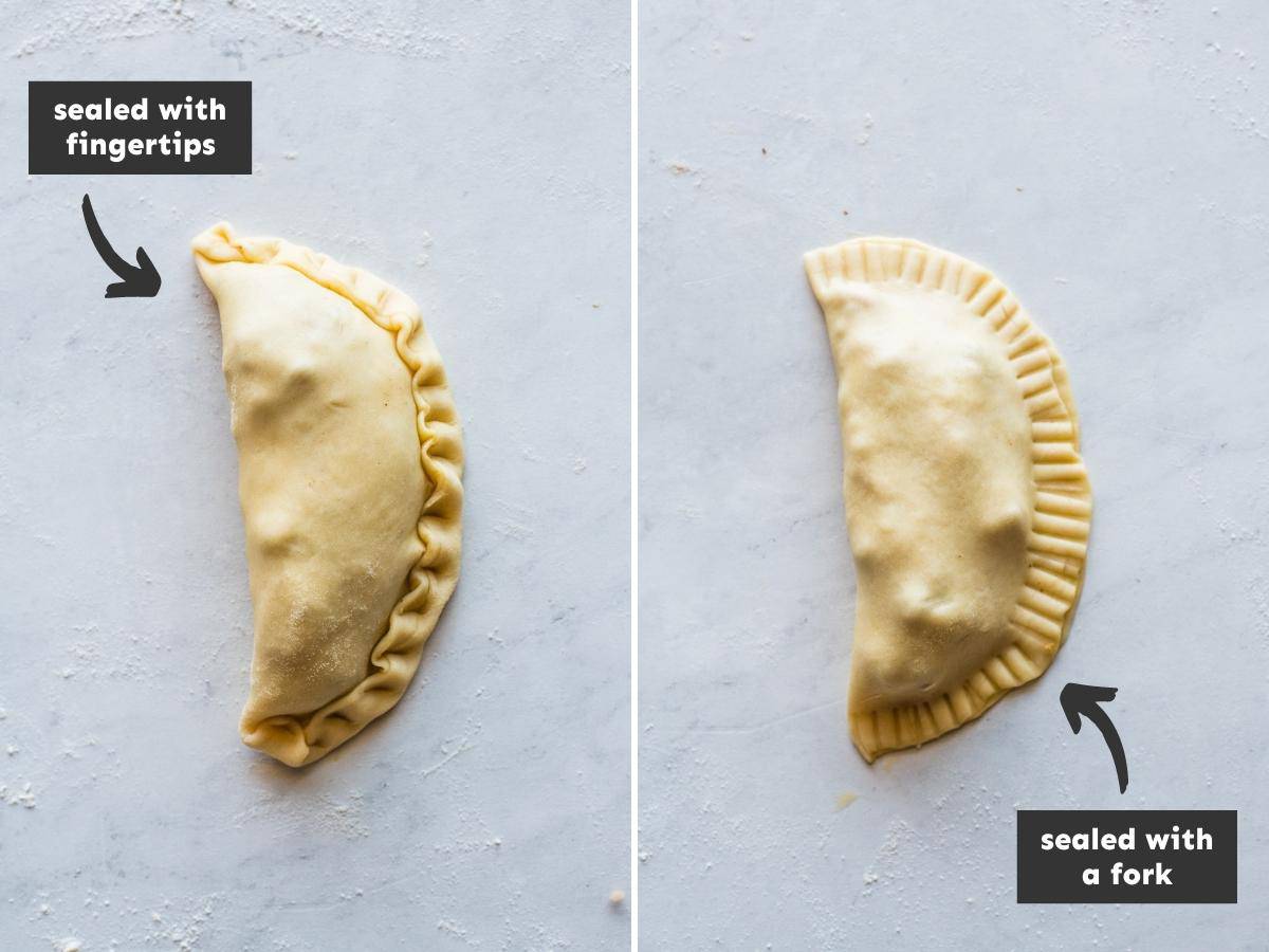 An empanada sealed with the fingertip method on the left and an empanada sealed with the tines of a fork on the right.