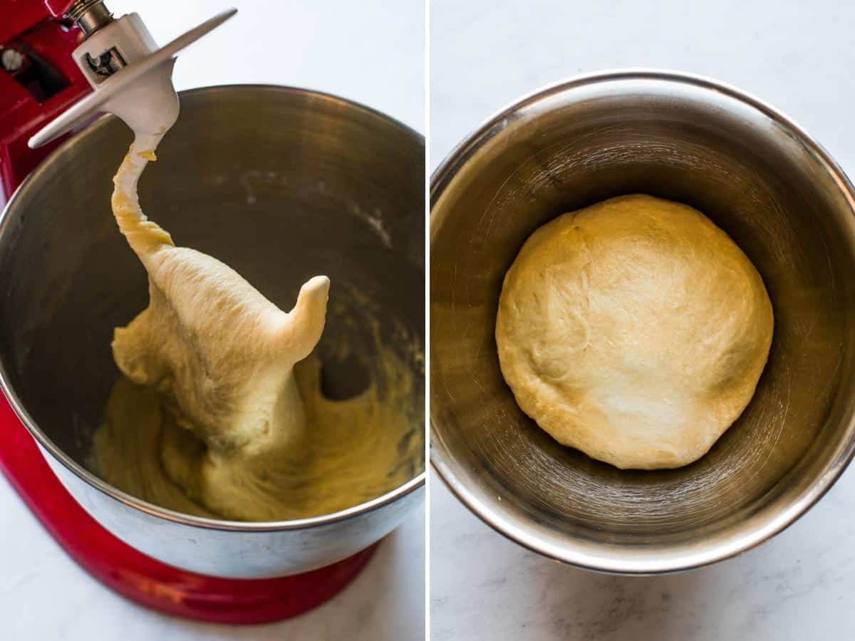 Kneaded dough for Conchas pan dulce in a stand mixer.