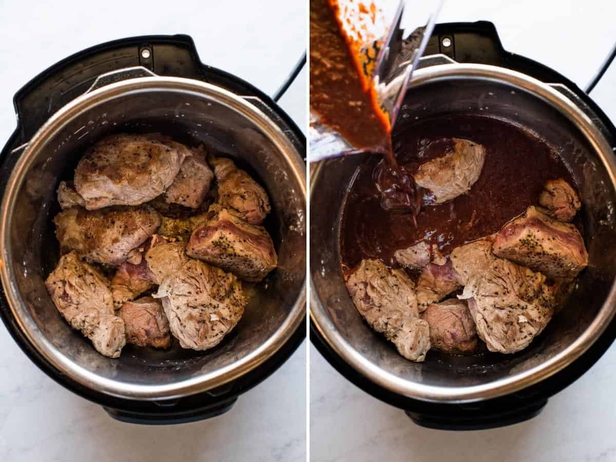 Pork shoulder being browned on all sides in an Instant Pot.