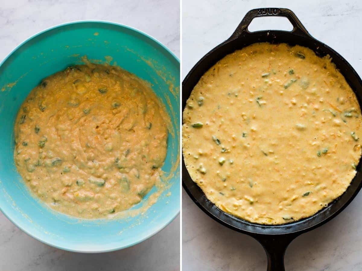 Jalapeño Cornbread batter in a bowl and in a cast iron skillet before being baked.