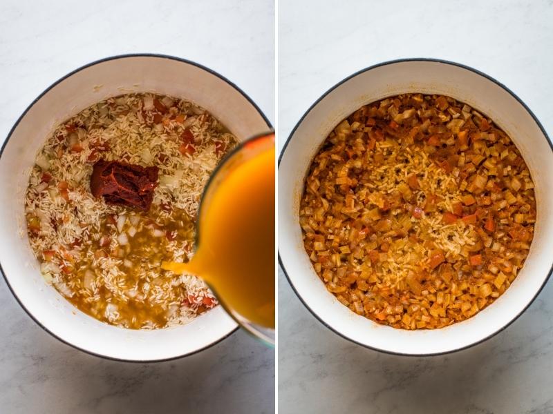A collage of two photos showing the process of making Mexican rice. The first show broth and tomato paste being poured into the pot with toasted rice. The second shows the cooked rice in a pot.