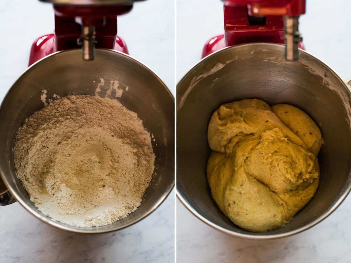 A stand mixer with kneaded dough ready to make Pan de Muerto.