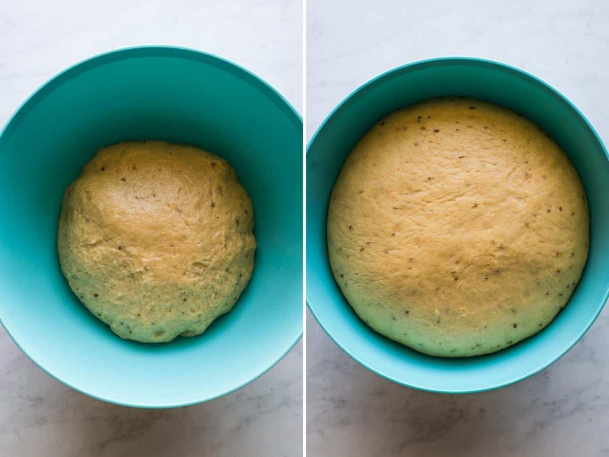 Two images side by side of Pan de Muerto dough in a bowl. The left image shows the dough before rising and the right image shows the dough after it has rested and risen.