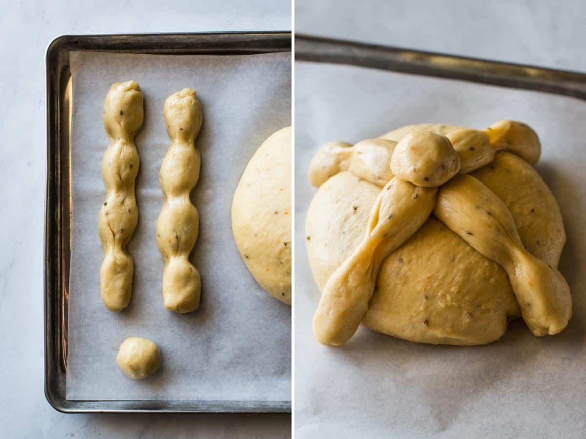 Two images side by side showing how to form the Pan de Muerto dough into the correct shape. The end result is a small loaf with two long pieces of dough criss crossed on top of one another to look like bones.