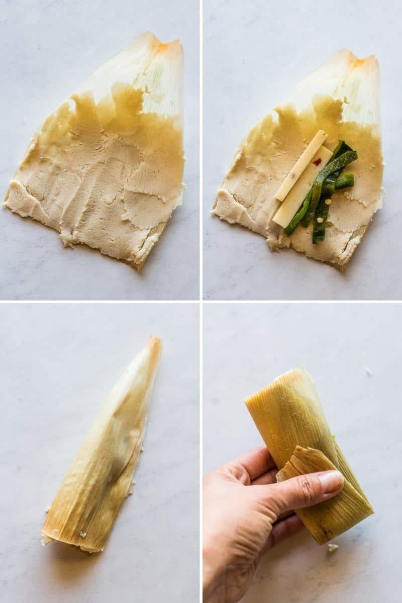 Step by step images showing how to assemble and fold tamales de rajas.