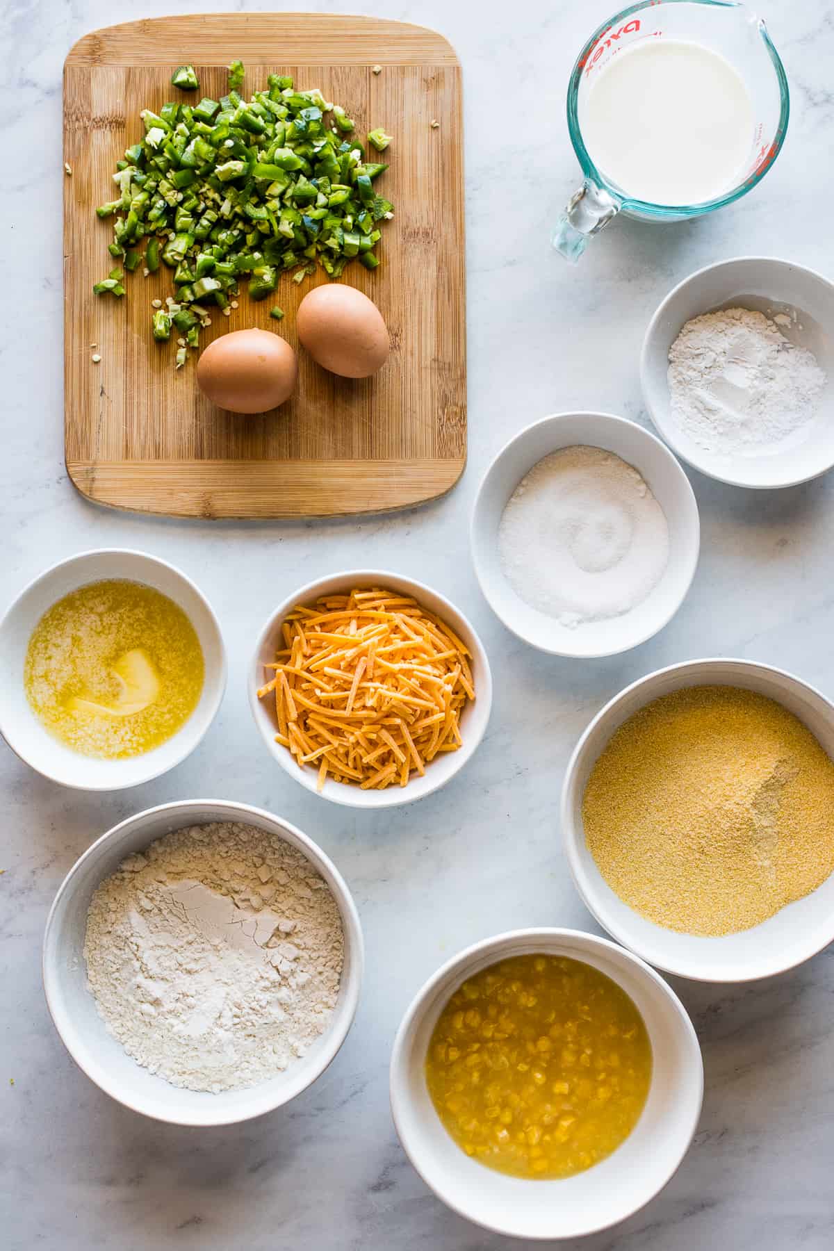 Ingredients in Jalapeño Cornbread recipe on a table.