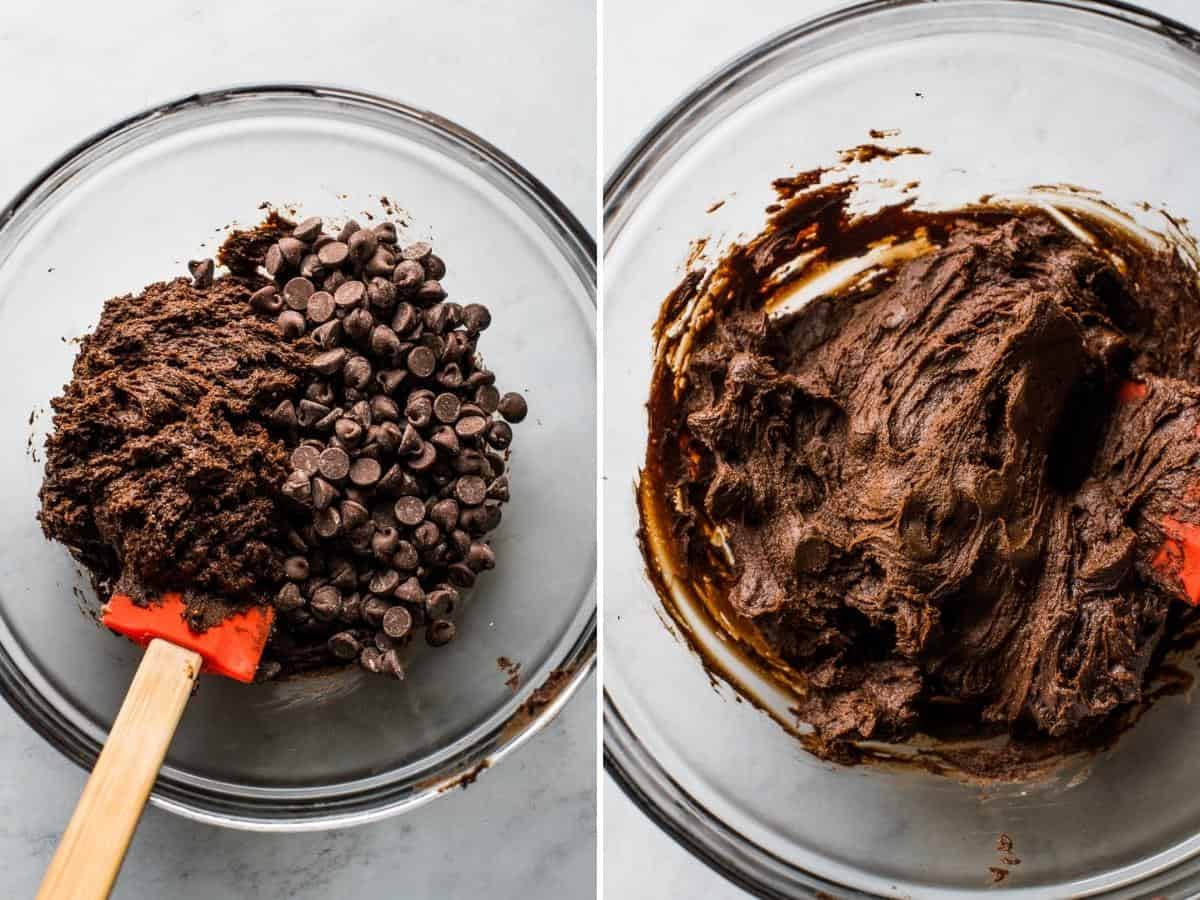 Mexican hot chocolate cookie dough being mixed in a bowl.