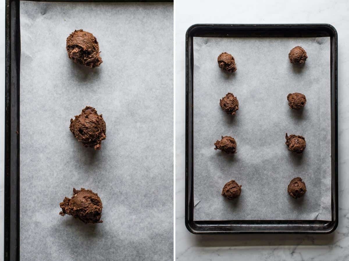 Mexican hot chocolate cookie dough scooped onto a baking sheet lined with parchment paper.