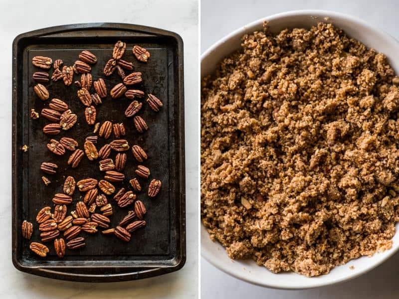 Toasted pecan on a baking sheet.