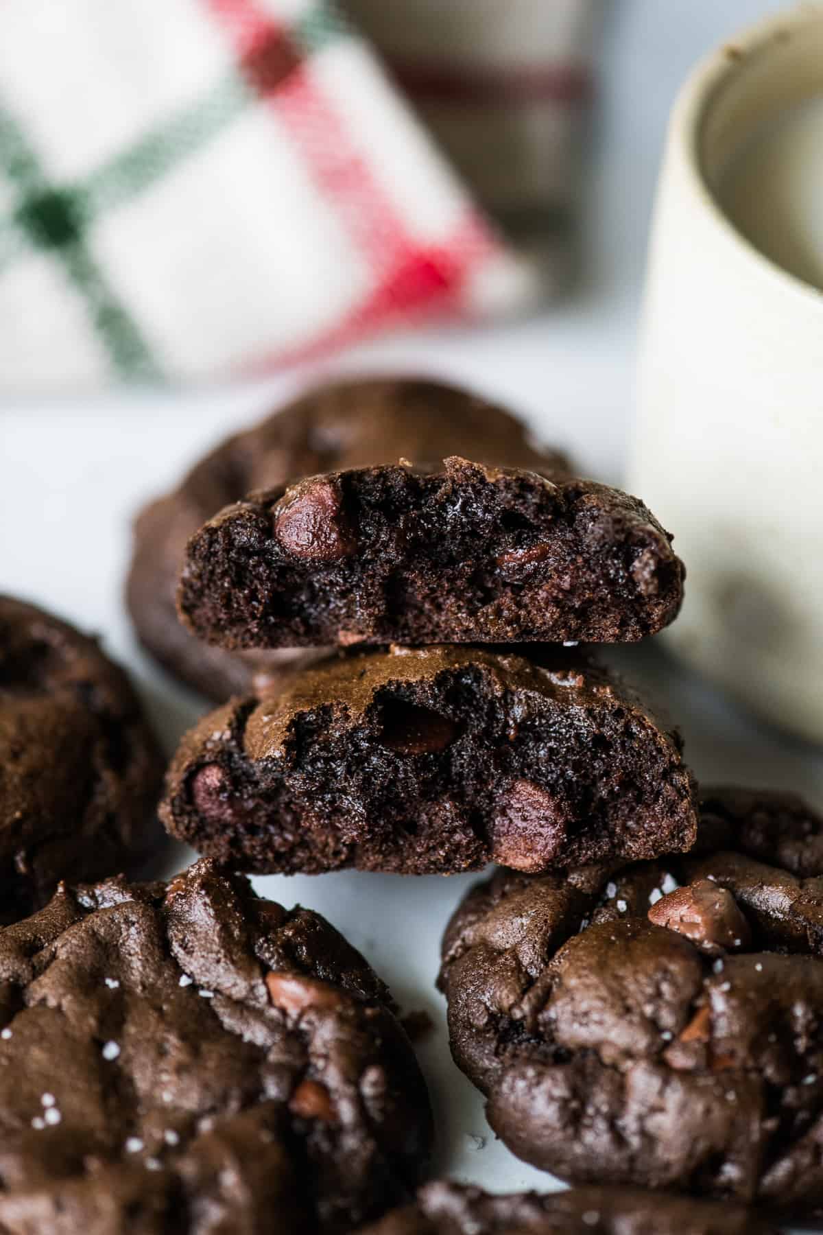 A Mexican hot chocolate cookie cut down the middle to see the fudgy chocolate inside.