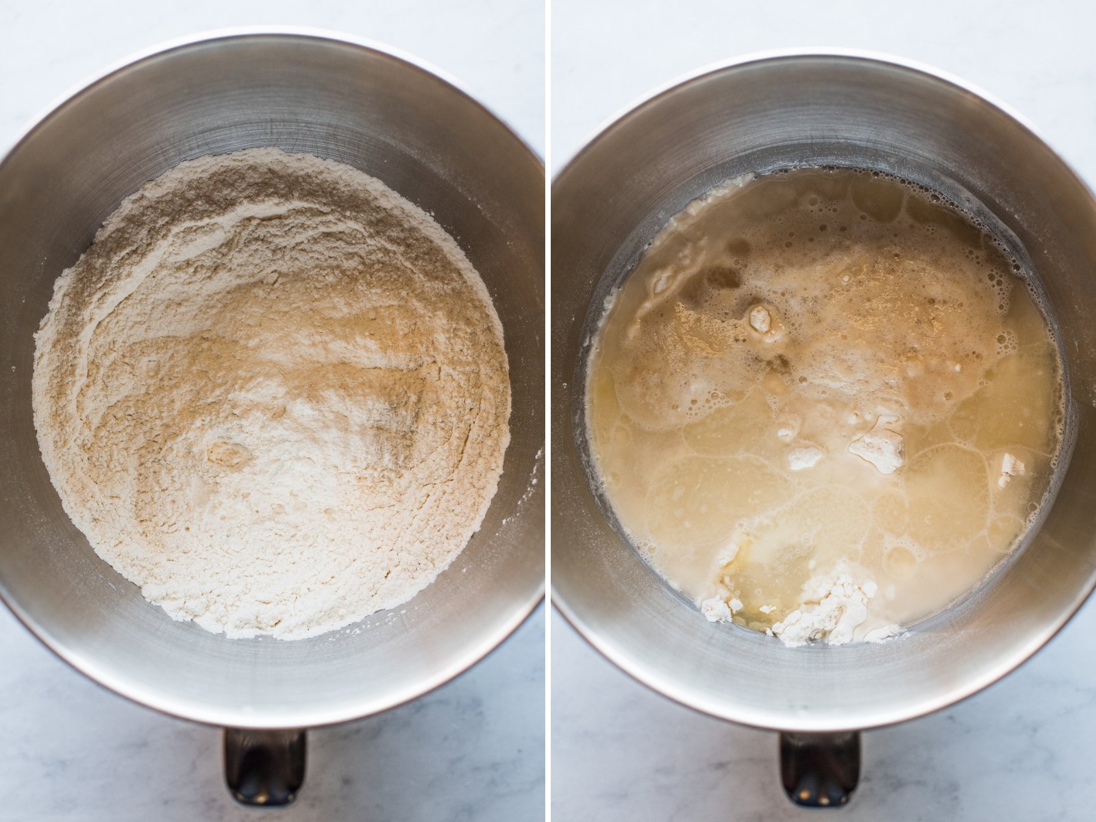 Flour, salt, yeast, sugar, and water in the bowl of a stand mixer for bolillo bread.
