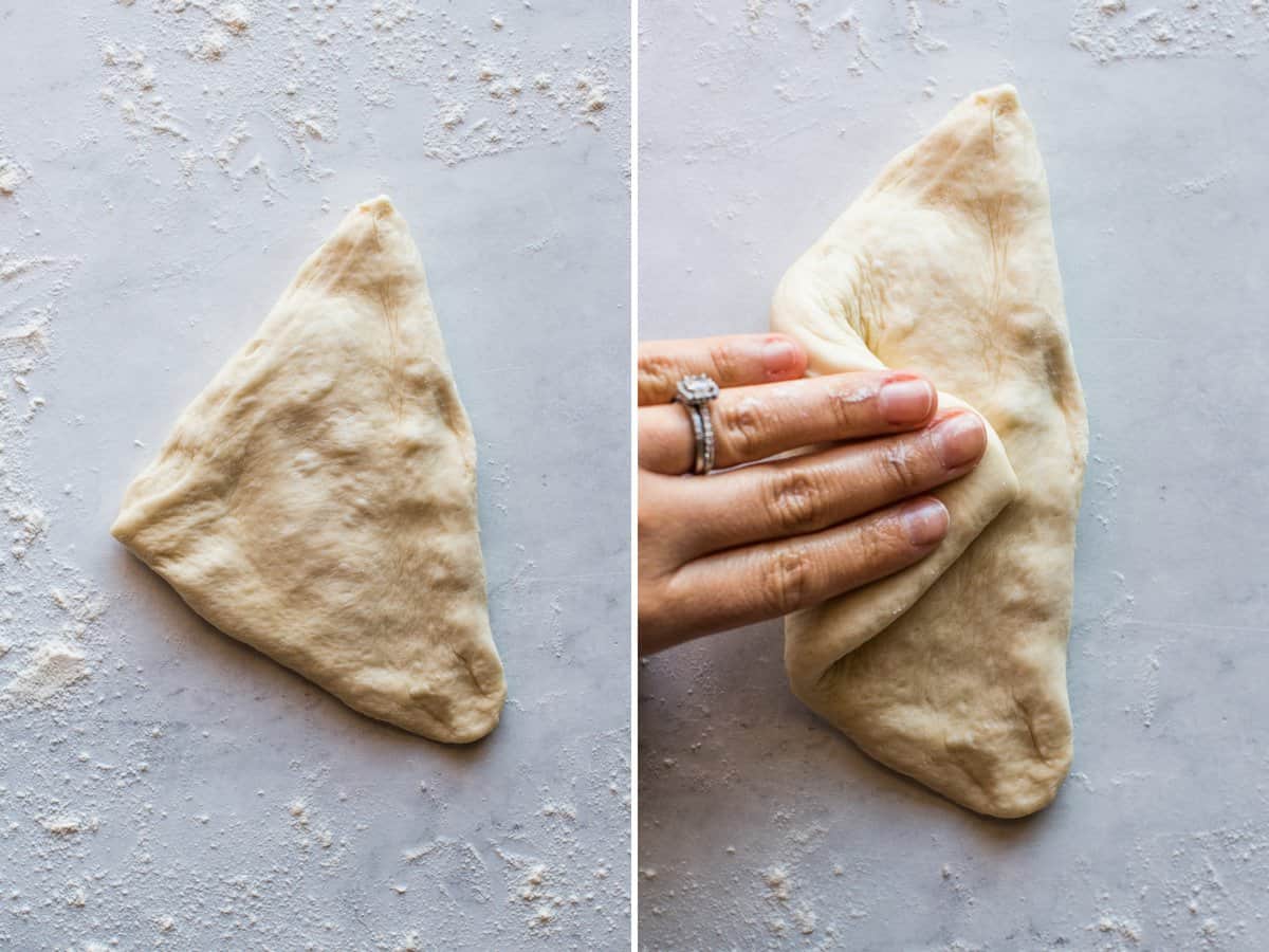 Dough being flattened with fingers to be shaped into bolillo roll.