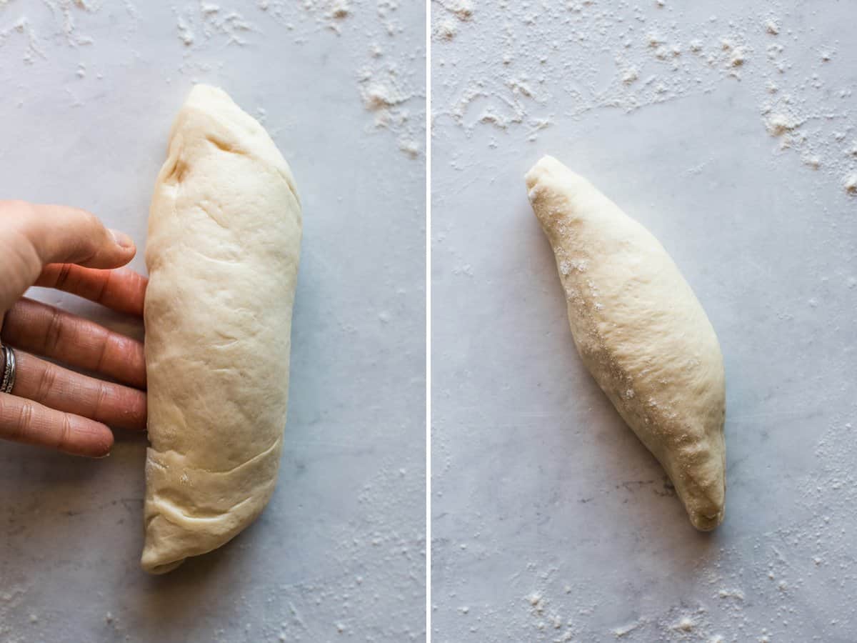 Dough being shaped into a football oval shape to make bolillos.