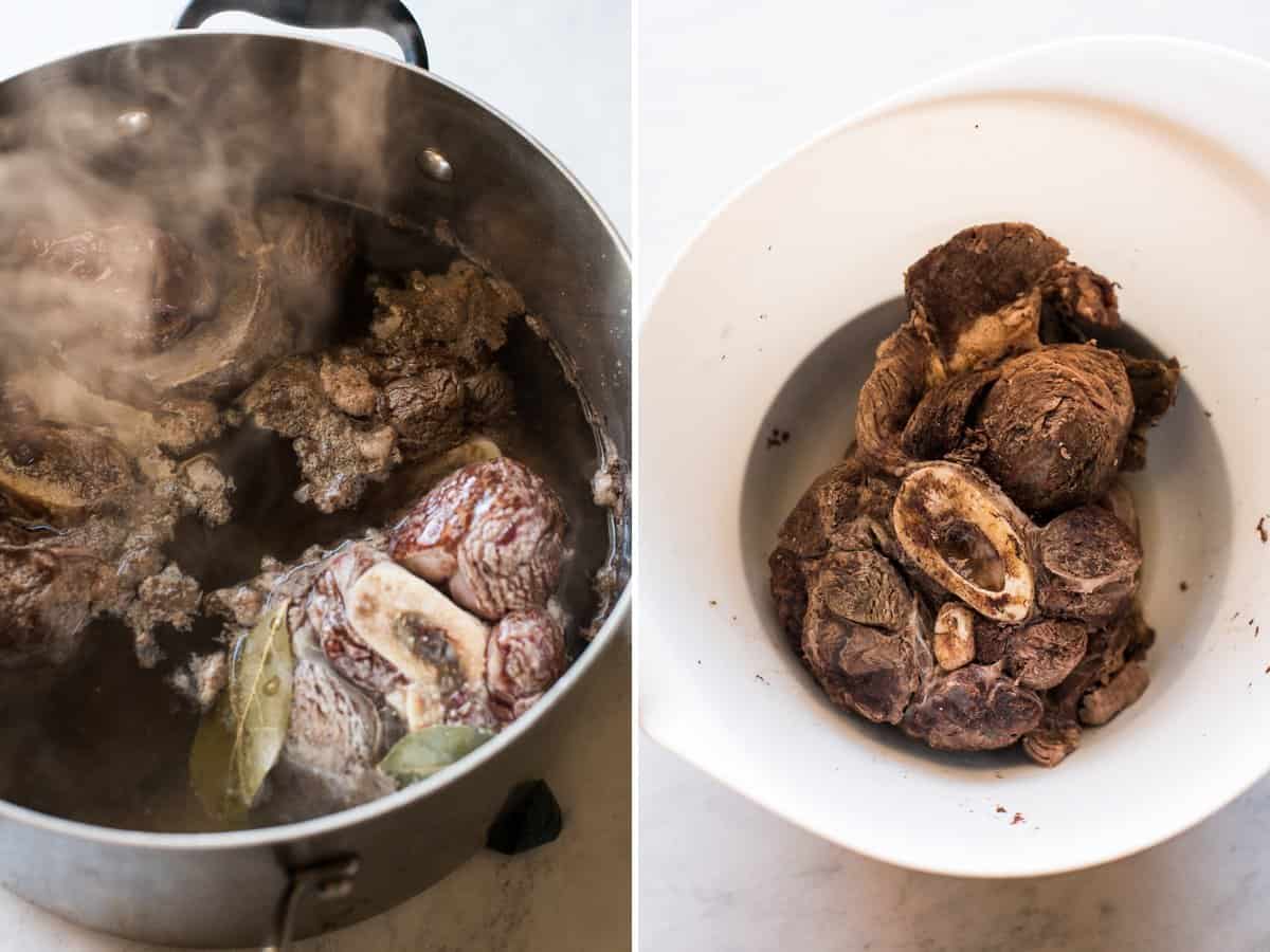 Cooked bone-in beef shank in a bowl for Caldo de Res recipe.