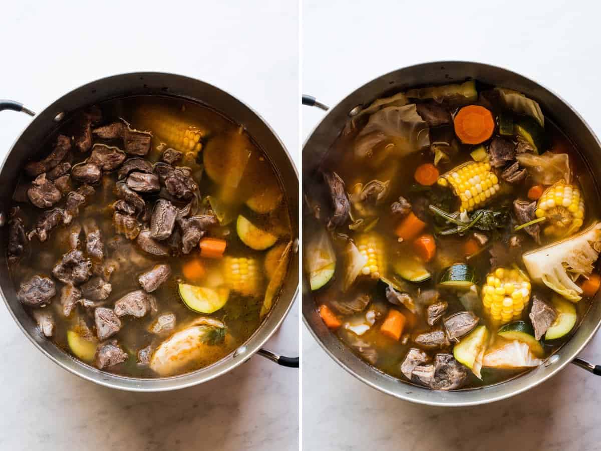 Cooked caldo de res in a soup pot ready to serve.