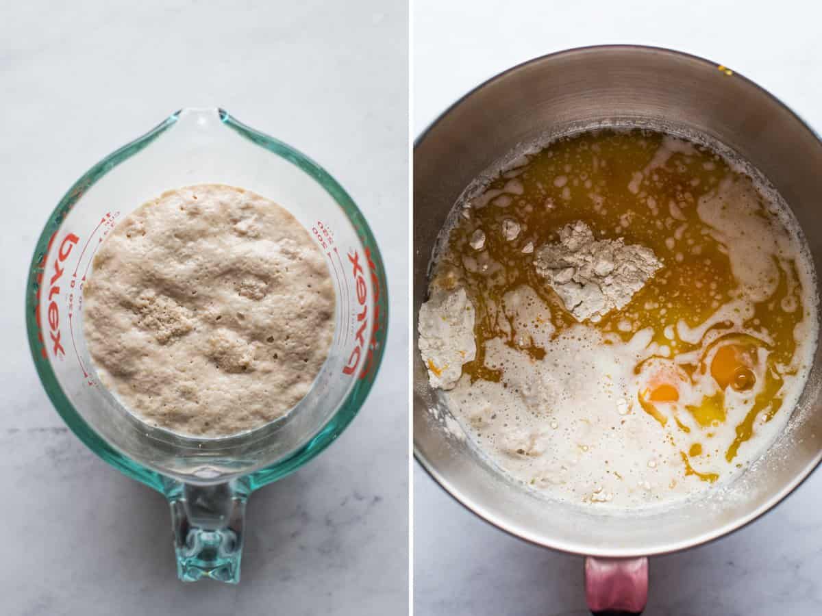 Yeast mixture rising in a bowl to make the Rosca de Reyes dough.