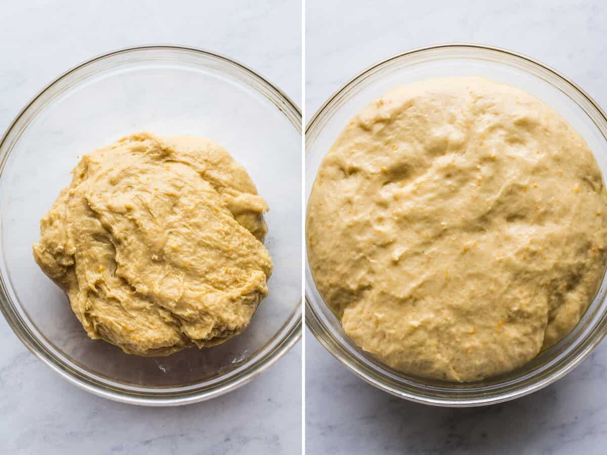 Rosca de Reyes dough rising in a glass bowl.