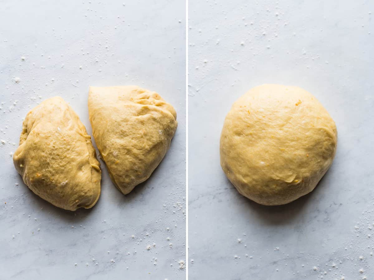 Rosca de Reyes dough sliced in half.