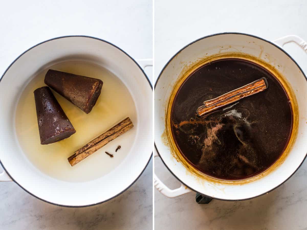 Piloncillo syrup being made in a Dutch oven.