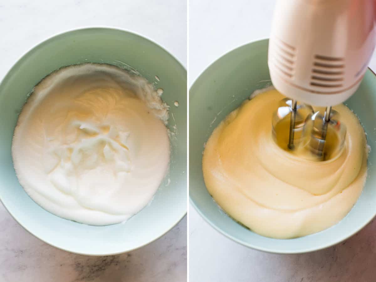 Whipped egg whites in a bowl.