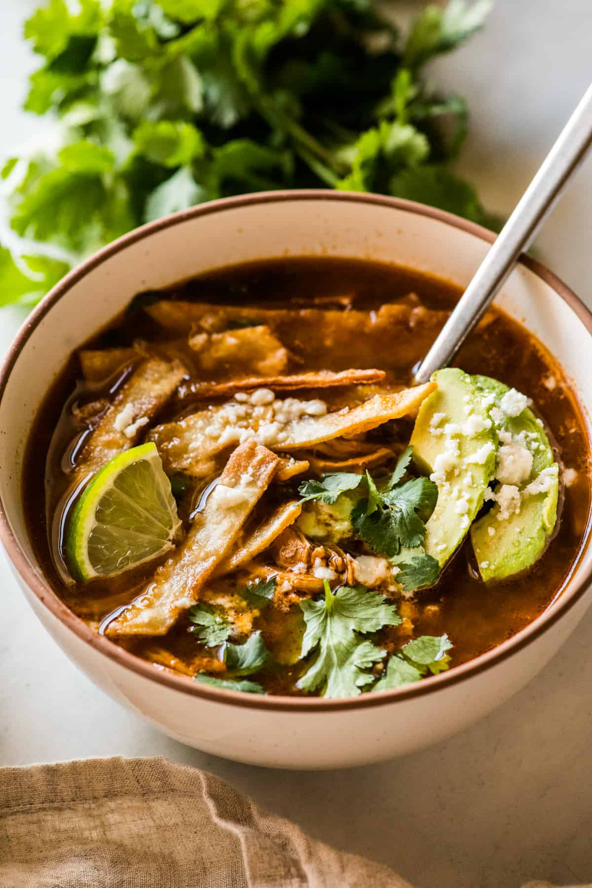 Chicken Tortilla Soup in a bowl ready to eat.