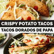 These crispy tacos de papa (Mexican potato tacos) are corn tortillas stuffed with seasoned mashed potatoes, folded, and fried until golden, just like the ones at the taquerías in my family's hometown in Zacatecas. Make them on the stove or in the air fryer, then pile on shredded cabbage, cotija, and your favorite salsa.