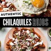 Chilaquiles feature crispy corn tortillas tossed in a flavorful red chile sauce and are topped with cheese, Mexican crema, and more! Serve this Mexican comfort food for breakfast or brunch topped with a fried egg in less than 30 minutes.