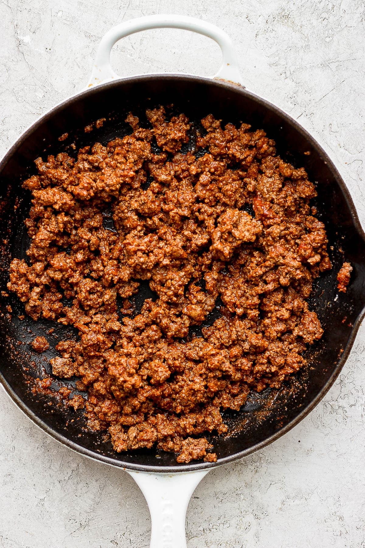 Ground beef taco meat in a skillet ready to be served.