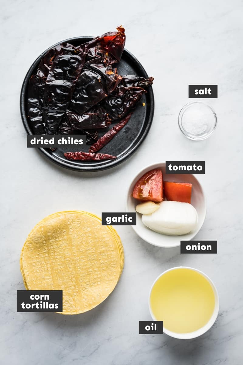 Ingredients in chilaquiles on a table.