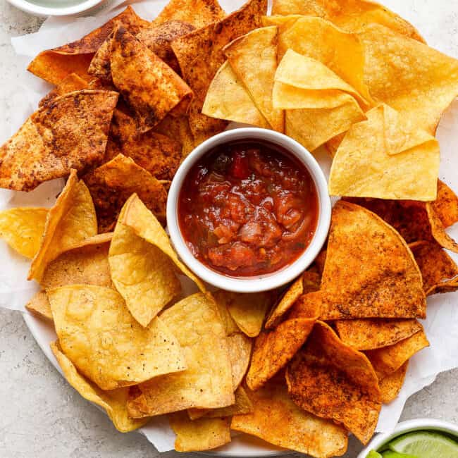 Air fryer tortilla chips plated with salsa
