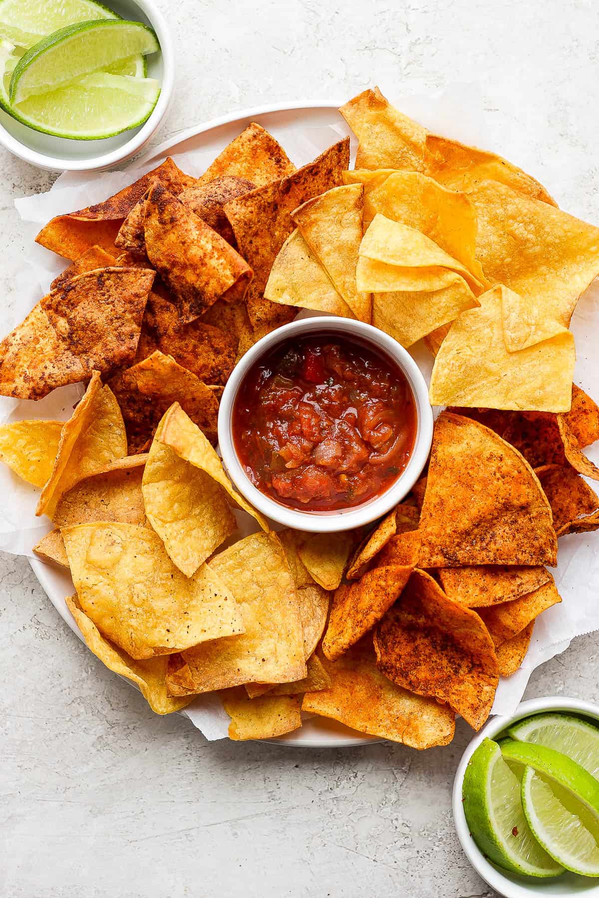 Air fryer tortilla chips plated with salsa