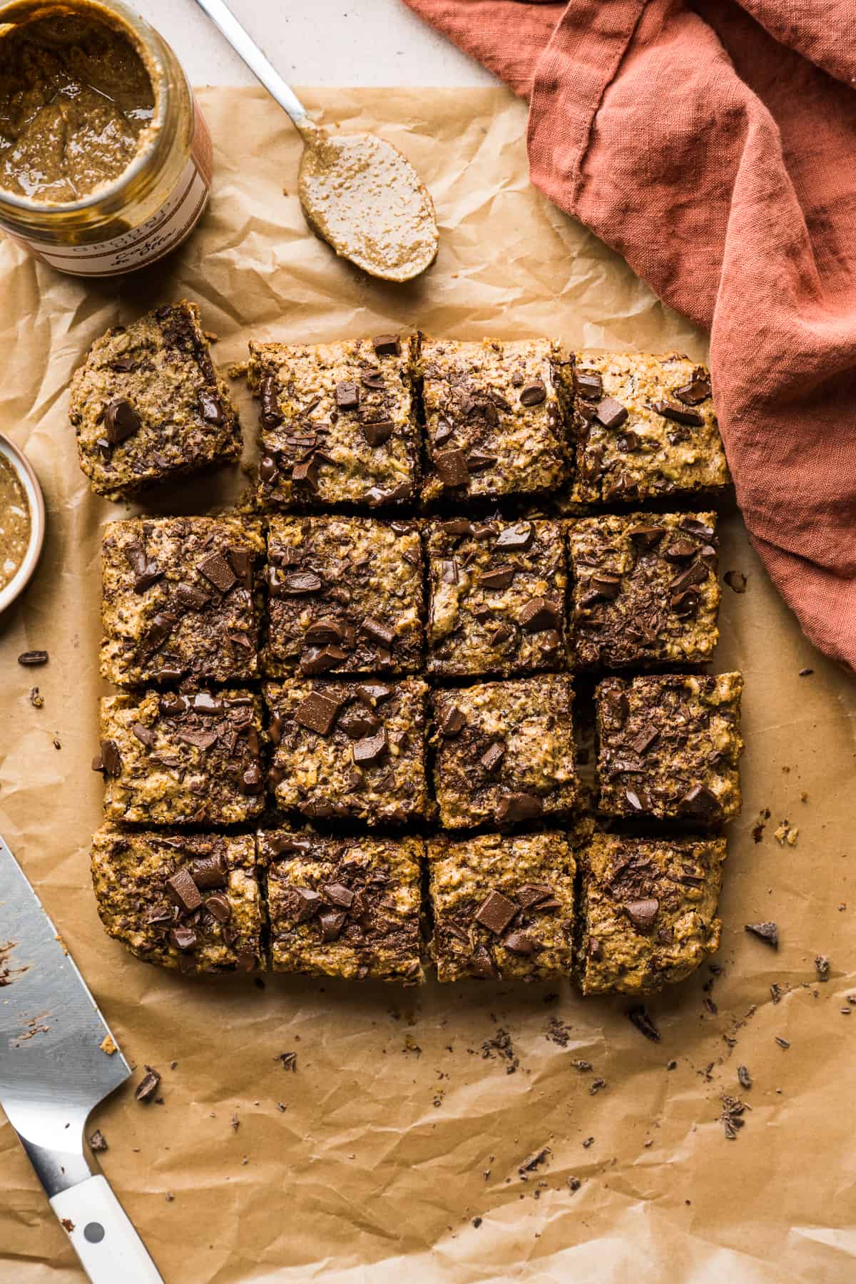 Cafe de Olla chocolate oat bars on a table sliced into squares.