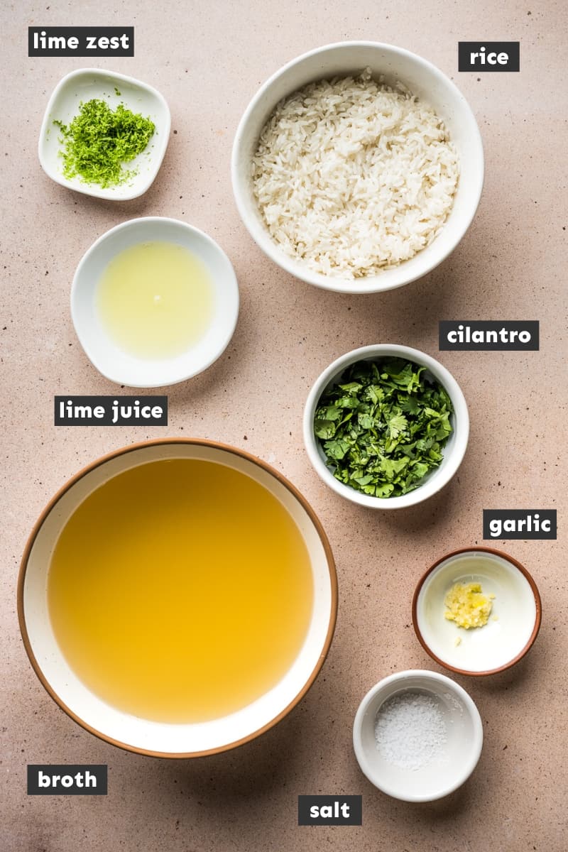 Ingredients for Cilantro Lime Rice on a table.