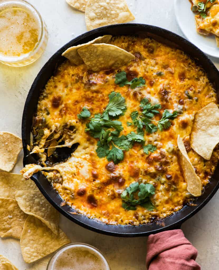 Queso fundido with tortilla chips.
