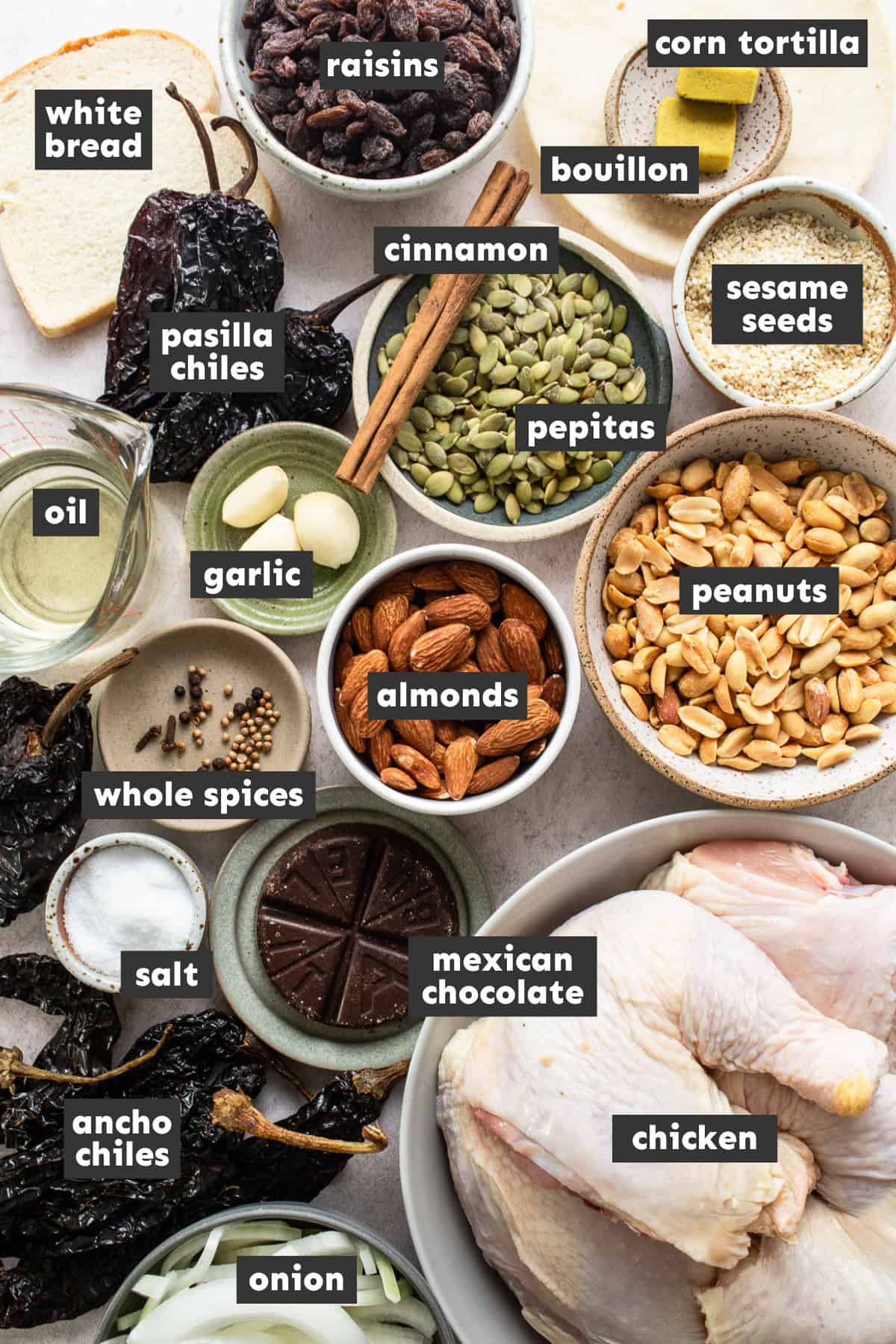Ingredients for mole poblano on a table.