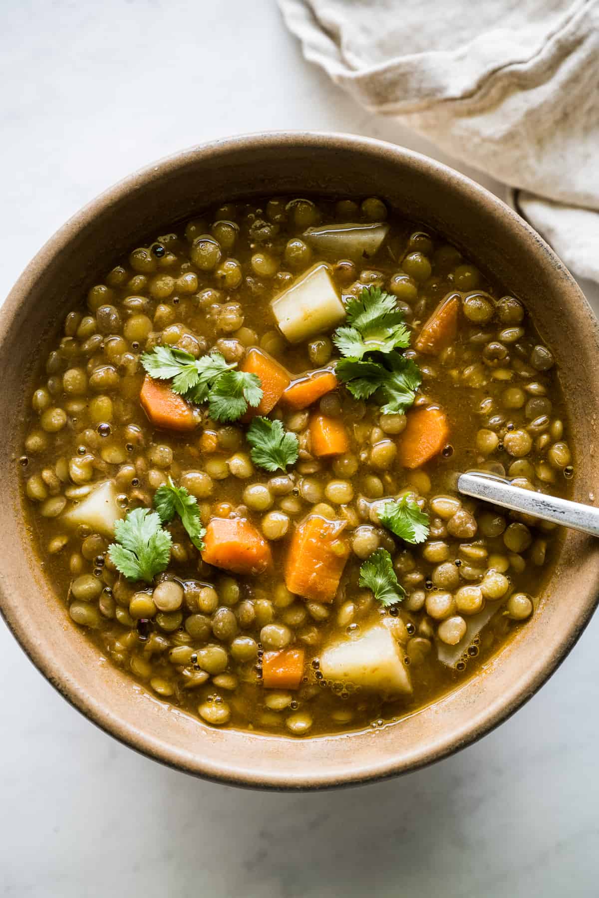 A bowl of lentejas (Mexican lentil soup) topped with cilantro.