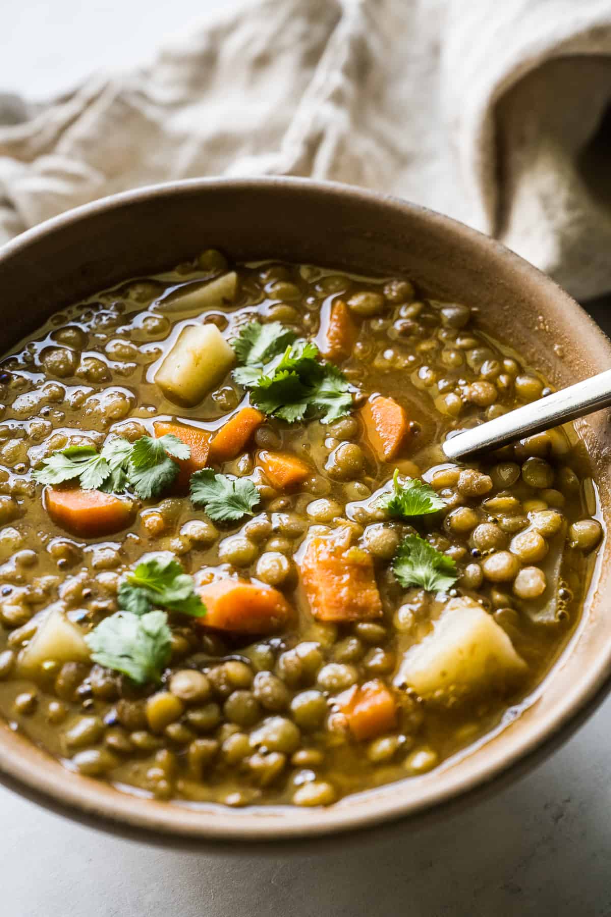 Lentejas (Mexican lentil soup) in a bowl with a spoon ready to eat.