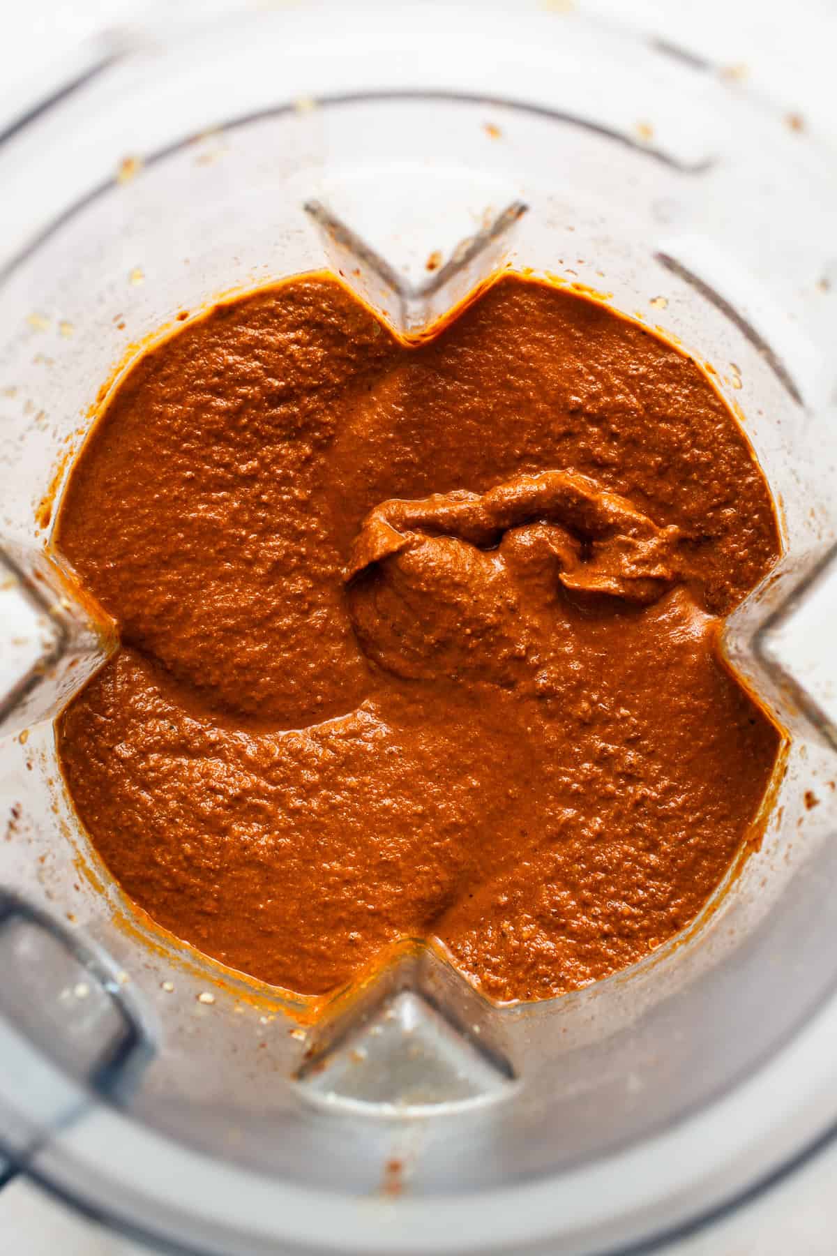 Blended mole sauce in a blender.