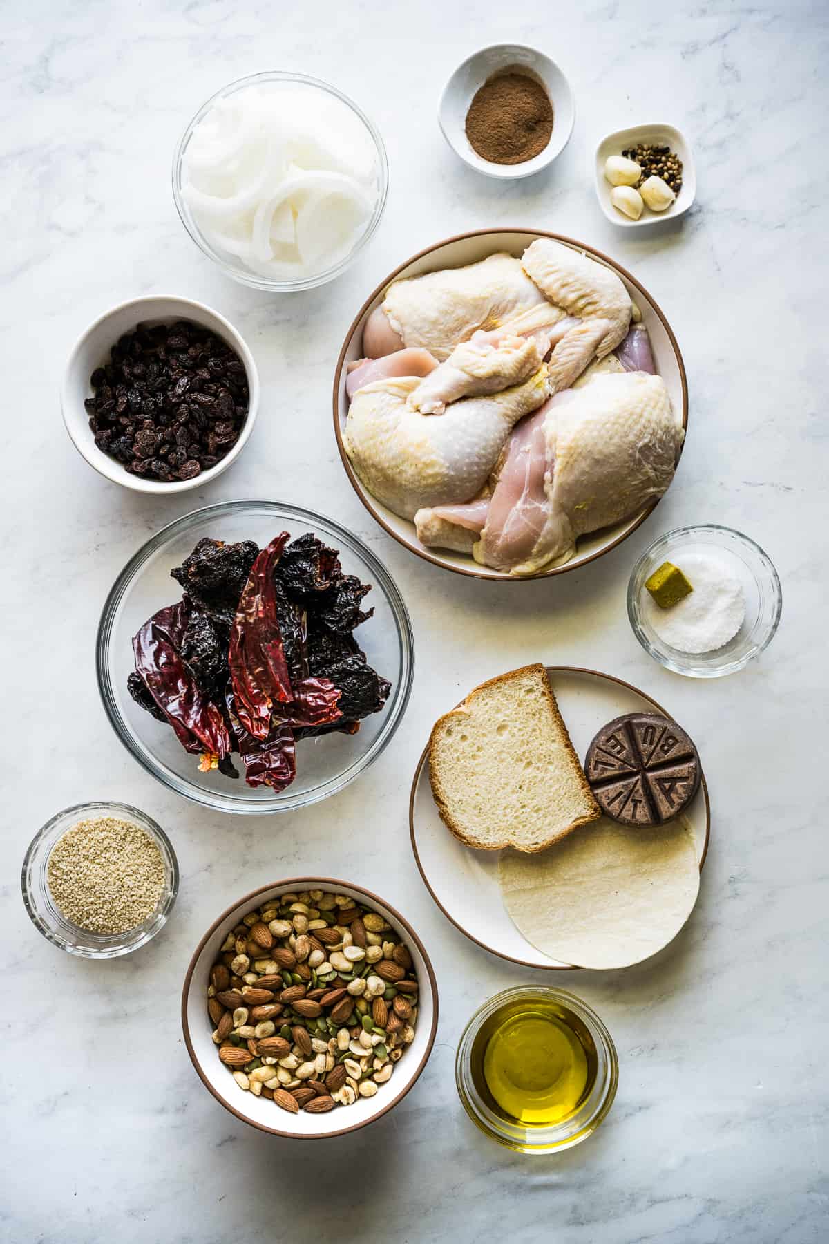 Ingredients in mole sauce (mole poblano) on a table.