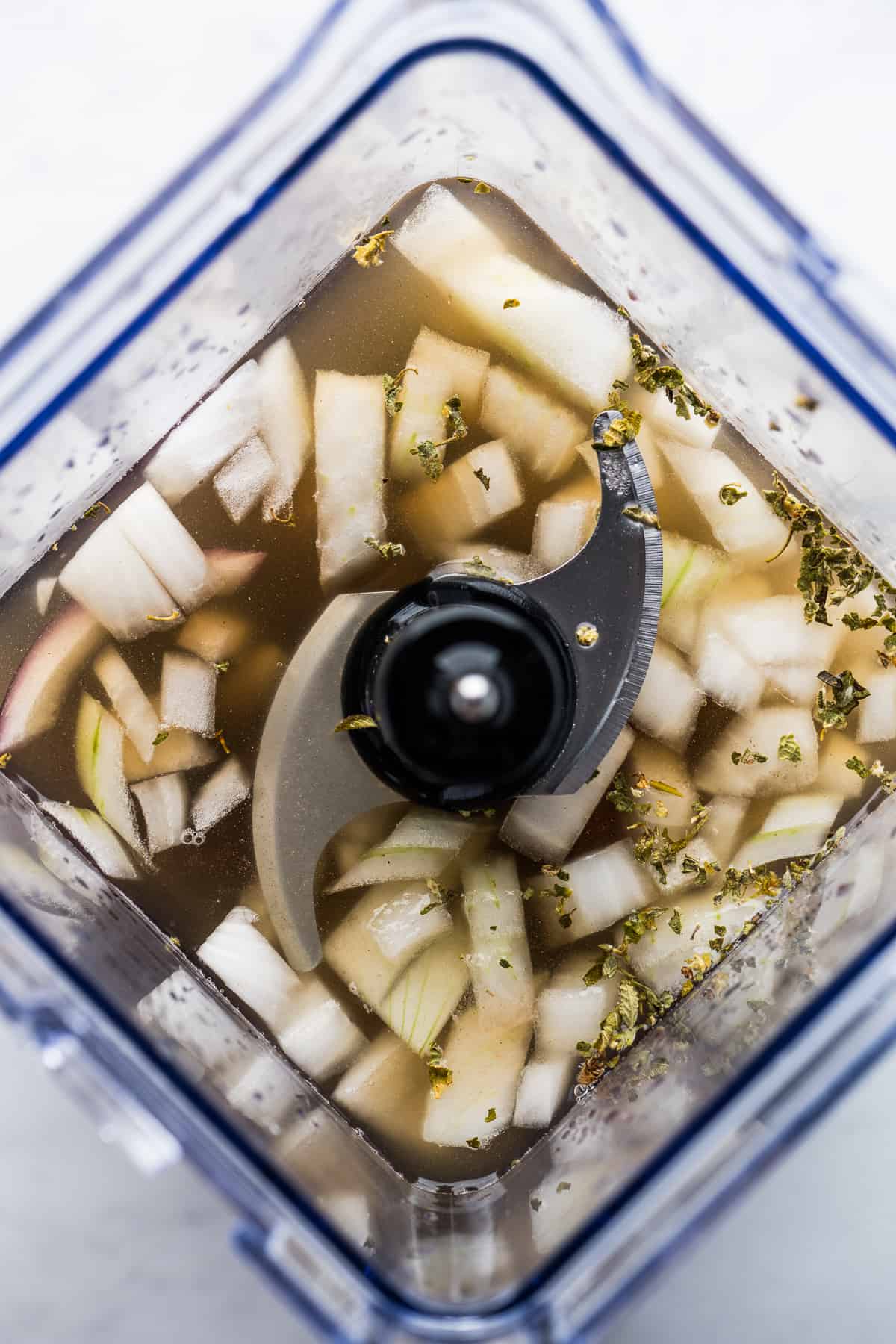 Beans, broth, onions, and spices in a blender.