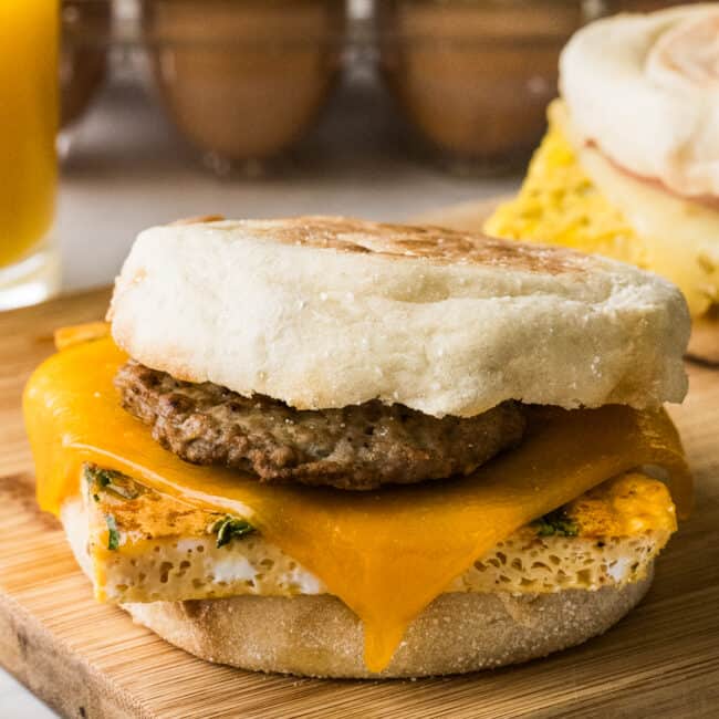 Freezer breakfast sandwiches made from English muffins, sausage, ham, or bacon, and cheese.